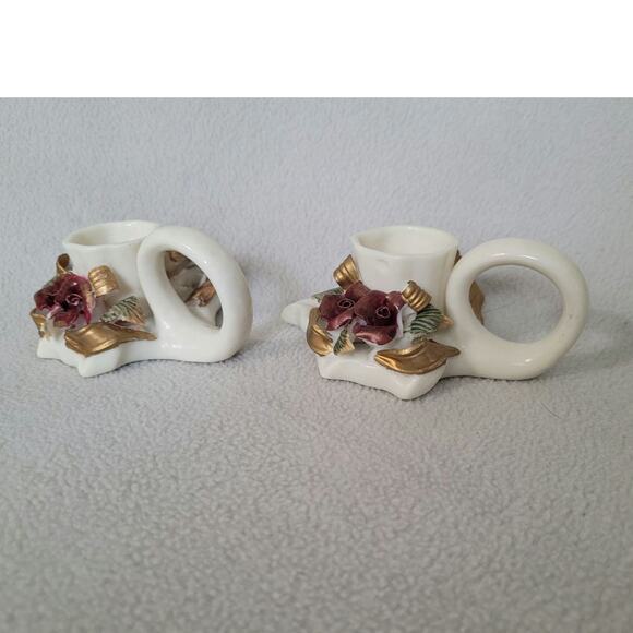 Set 2 Fall Maple Leaf Candle Stick Holder Roses Vintage Ceramic - Picture 1 of 11